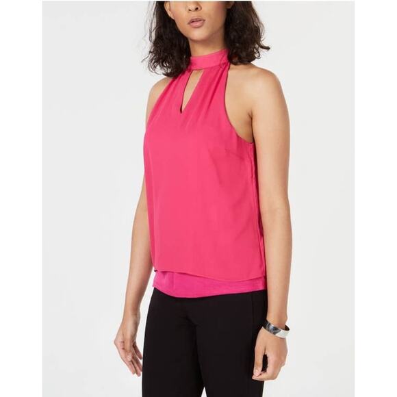Bar III Fuscia Chocker Neck Keyhole Vented Blouse - L - Picture 1 of 5